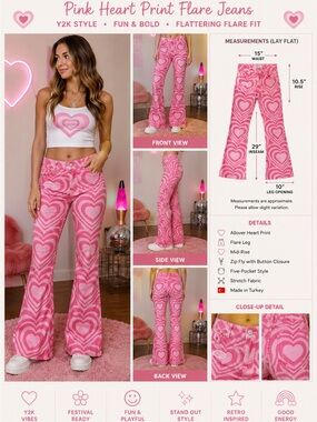 Easy Tiger Pink Heart Print Flare Jeans Women's Size 26 Y2K Cotton Stretch